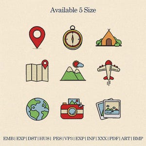 May include: A collection of travel-themed embroidered icons, including a red location pin, compass, tent, map, mountains, airplane, globe, camera, and photos. The text "Available 5 Size" is at the top. Embroidery file formats are listed at the bottom.