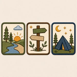May include: Three rectangular embroidered patches featuring outdoor themes. The first shows a river, trees, and a sun. The second displays a wooden signpost with two blank directional signs. The third depicts a blue tent, trees, and a crescent moon.