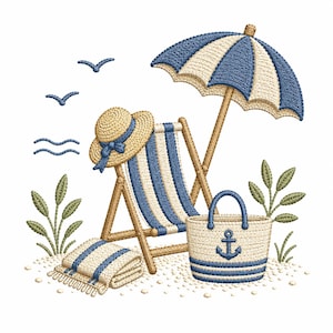 Beach Chair Embroidery Design, Coastal Summer Relaxation, Nautical Vacation, Vintage Seaside (Digital File)