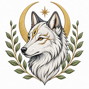 Op de afbeelding: Gedetailleerde illustratie van een wolvenkop, met witte vacht, gouden accenten en gele ogen. Het ontwerp omvat een halve maan, een ster en lauriertakken, wat een mystieke en elegante uitstraling creëert. De illustratie staat op een witte achtergrond.