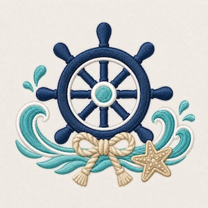May include: An embroidery design featuring a dark blue ship wheel centered above a beige rope tied in a bow. Below the wheel are stylized turquoise ocean waves with water droplets and a textured beige starfish on the right side.