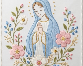 Diseño de bordado floral de la Virgen María, arte religioso, decoración de oración (archivo digital)