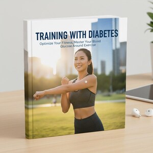 May include: A book titled "Training With Diabetes" features a woman exercising outdoors. The cover text reads "Optimize Your Fitness, Master Your Blood Glucose Around Exercise." The woman wears a gray sports bra and black athletic pants.