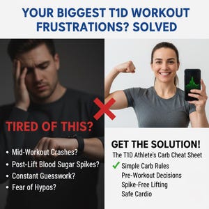 May include: An advertisement with the text "YOUR BIGGEST T1D WORKOUT FRUSTRATIONS? SOLVED." The image is split, showing a frustrated person and a fit person. Text includes "TIRED OF THIS?" and "GET THE SOLUTION!" with bullet points about workout issues and solutions.