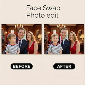 Puede incluir: Comparación de imágenes que muestra a una familia antes y después de una edición de fotos de intercambio de caras. La imagen "Antes" muestra a un niño pequeño con una camisa a rayas. La imagen "Después" muestra al mismo niño con una cara diferente. El texto dice "Face Swap Photo edit."
