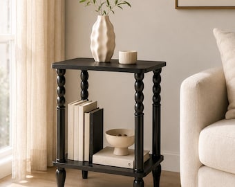 Solid Wood Black Bobbin Side Table, 2-Tier Minimalist Nightstand Accent Table