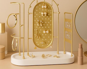 Gold Jewelry Organizer with Tray, Modern Multi-Tiered Necklace Earring Bracelet Stand,Gift for Her