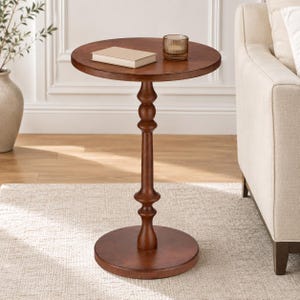 Solid Wood Round Pedestal Side Table, Modern Spindle Accent Table for Living Room