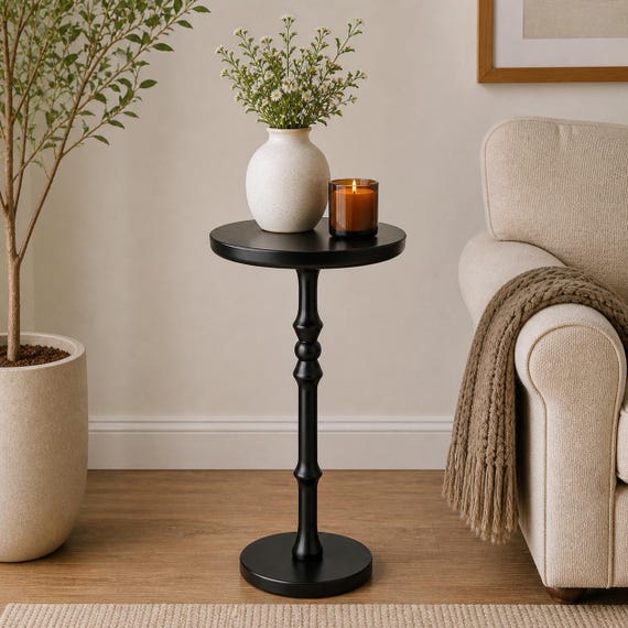 Minimalist Black Pedestal Small Side Table, Solid Wood Round End Table for Living Room