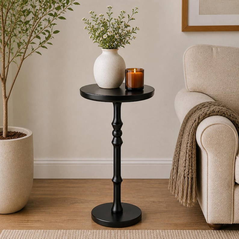 small side table for small spaces next to sofa in minimalist living room