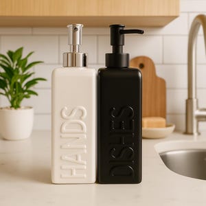 May include: Two rectangular ceramic soap dispensers. One is white with "HANDS" embossed on the front, the other is black with "DISHES" embossed. Both have pump tops, one silver and one black, and are on a white countertop.