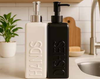 Ceramic Soap Dispenser Set Black and White Modern Embossed Bottles, Refillable Stainless Steel Pump