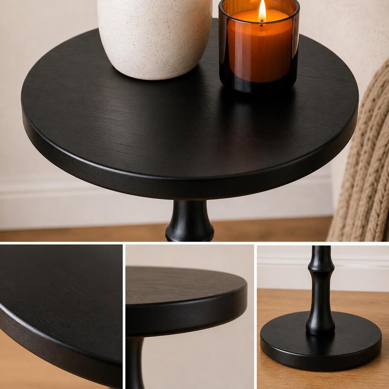 solid wood black side table detail showing round top edge and pedestal base