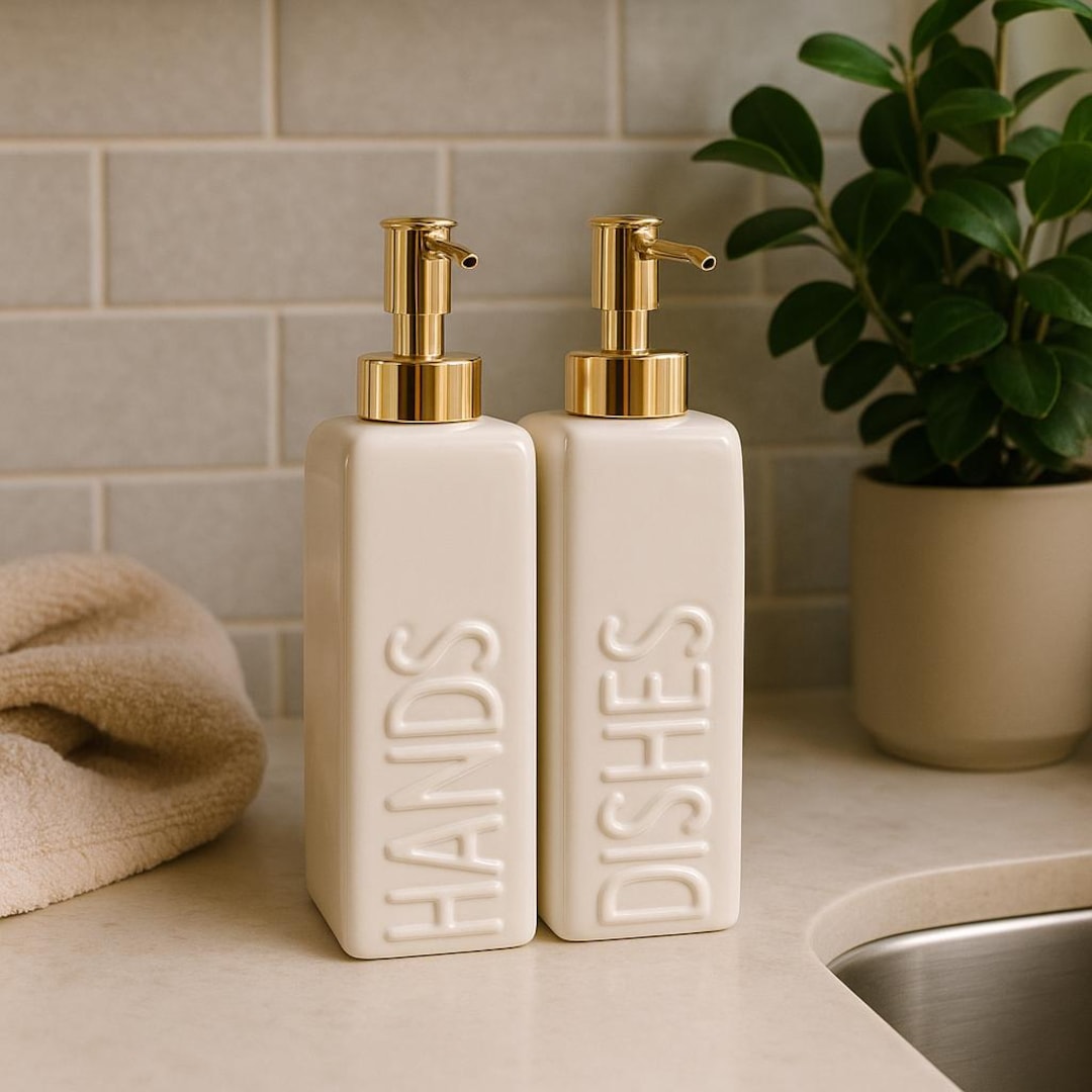 Ceramic Soap Dispenser Set, Refillable Pump Bottles for Kitchen & Bathroom - Gold Pump