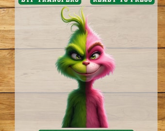 Grinch Face DTF Transfers Ready to Press - Holiday Shirt Design, Pink and Green Face