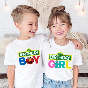 Custom Sesame Street birthday shirt designed for girls and boys. The front features bold Birthday Girl or Boy graphics, while the back can include name and age. Ideal for birthday photos, parties, and matching family outfits.