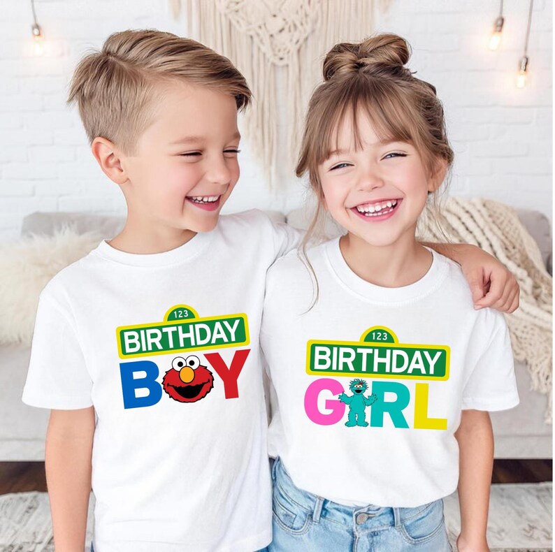 Custom Sesame Street birthday shirt designed for girls and boys. The front features bold Birthday Girl or Boy graphics, while the back can include name and age. Ideal for birthday photos, parties, and matching family outfits.