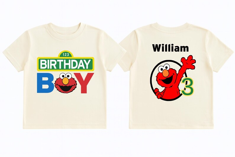 Personalized Birthday Girl and Boy Sesame Street shirt with bright party colors. Add name and age for a fully custom design. Great for toddler birthdays, photoshoots, and themed birthday celebrations.
