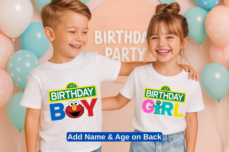 Personalized Sesame Street birthday shirt featuring colorful Birthday Girl and Birthday Boy designs. Add your child’s name and age on the back for a custom party outfit perfect for celebrations and memorable photos.
