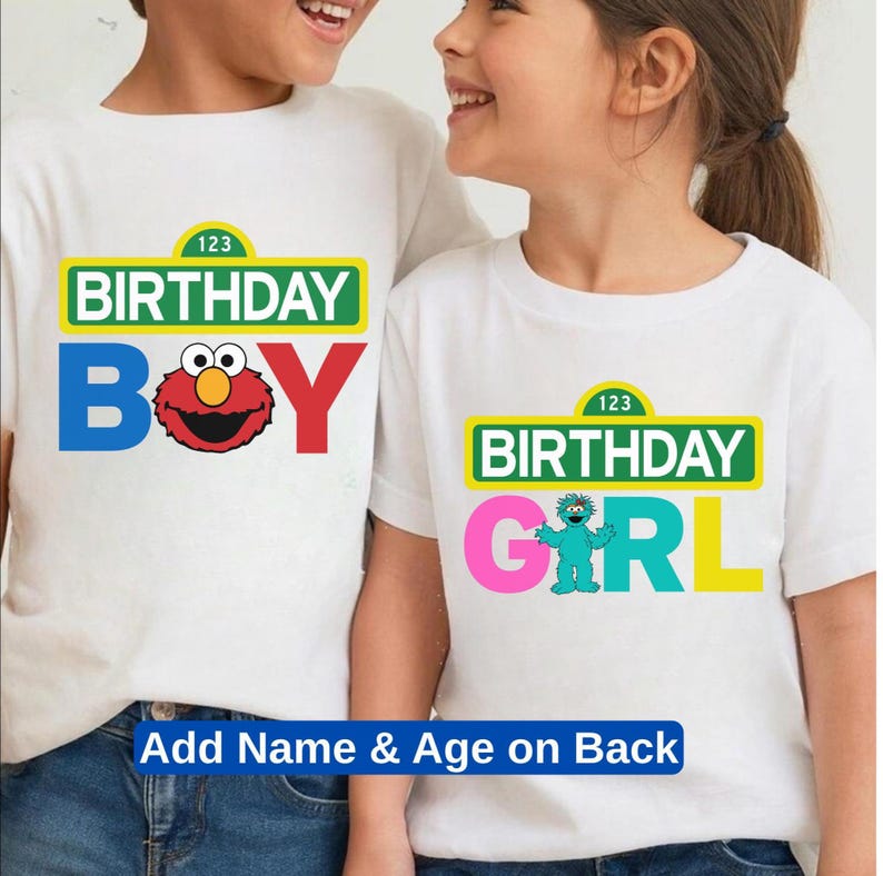 Cute Sesame Street birthday tee with bright colors and fun characters. Customizable with your child’s name and age on the back, making it a perfect outfit for birthday parties, cake smash sessions, and themed celebrations.