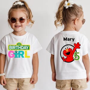 Kids Sesame Street birthday shirt offering vibrant colors and playful style. Optional personalization on the back includes name and age, making it the perfect addition to themed birthday parties or family celebrations.