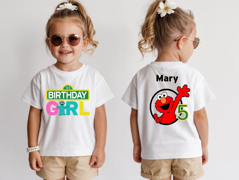 Kids Sesame Street birthday shirt offering vibrant colors and playful style. Optional personalization on the back includes name and age, making it the perfect addition to themed birthday parties or family celebrations.