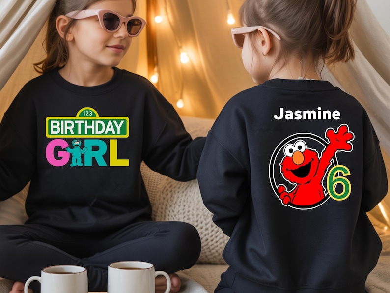 Vibrant Sesame Street birthday shirt for children with customizable name and age. Perfect for themed parties, family photos, cake smash outfits, and memorable birthday celebrations in fun, colorful style.