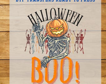 Halloween Skeleton Pumpkin DTF Transfer: Ready to Press BOO Design