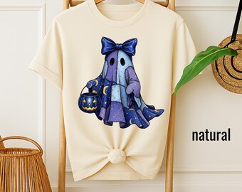 Camiseta de Halloween con diseño de fantasma: acogedor diseño de patchwork azul (tallas unisex)