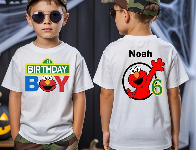 Customizable Sesame Street birthday tee for kids, featuring colorful graphics and fun character themes. Personalize the back with your child’s name and age to create a memorable and unique birthday outfit.