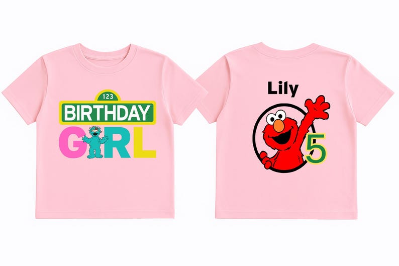 Custom Sesame Street kids’ birthday tee featuring fun graphics and bright lettering. Back personalization allows name and age, making it ideal for birthday boys and girls wanting a special party outfit.