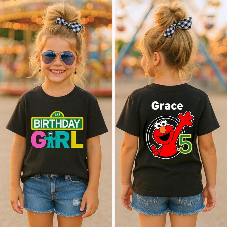 Vibrant Sesame Street party shirt with optional name and age personalization on the back. Great for toddlers and kids celebrating their themed birthday, providing a fun and colorful look for the special day.
