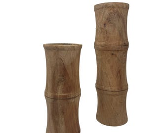 Vintage Hand-Carved Wood Faux Bamboo Tea Light Holders – Set of 2, India