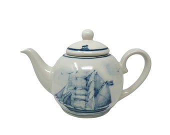 Vintage Oxney Green Nautical Sailing Ship Teapot – Discontinued Blue White Ceramic