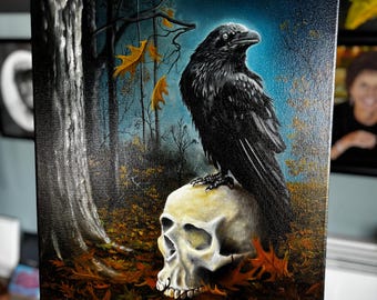 Rabe auf Schädel Ölgemälde: Gothic Herbst Wald (40 x 50 cm)