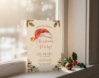 May include: A Christmas party invitation with a Santa hat illustration. The invitation text reads "Join us for a Christmas Party!" with date, time, and location details. Holly and berry accents frame the text.