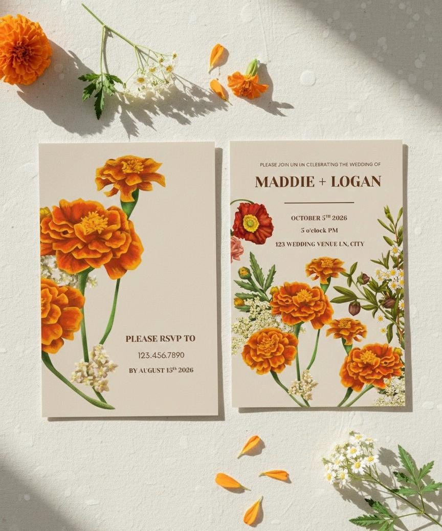 Fall Marigold Wedding Invitation Template Rustic Boho