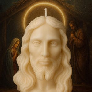 Può includere: Una candela color crema scolpita a somiglianza di Gesù, con lunghi capelli fluenti e barba. La candela è ambientata su uno sfondo che raffigura una scena della natività con una stella. Un'aureola circonda la testa della candela.