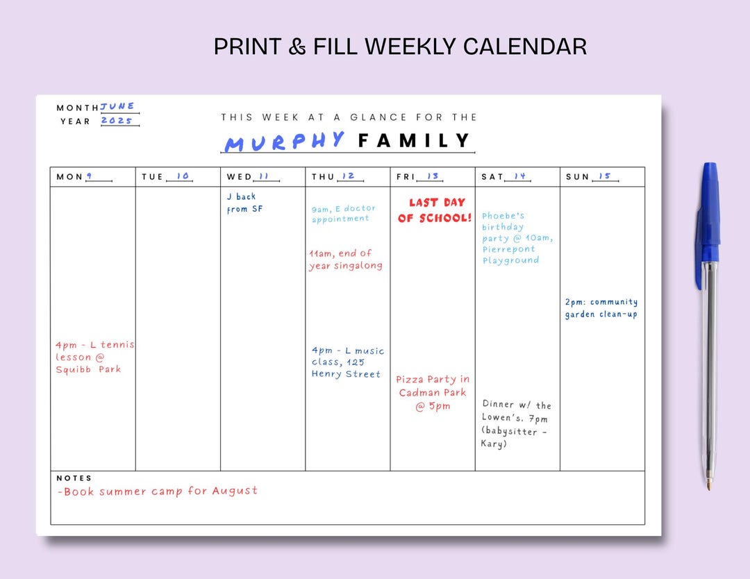 Printable Weekly Planner, Week at a Glance, Family Planner, Kids ...