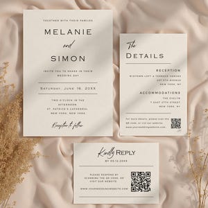 May include: Three ivory wedding invitation cards with black text. The main card reads "Melanie and Simon" and the date. The second card says "The Details" with reception and accommodation information. The third card says "Kindly Reply".