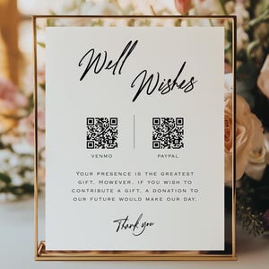 May include: A gold-framed sign with the words "Well Wishes" in elegant script. Below, two QR codes are labelled "Venmo" and "Paypal." The text below states, "Your presence is the greatest gift... Thank you."