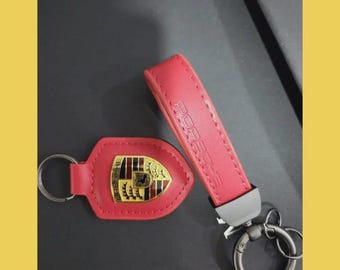 Porsche Crest Keychain Red | Genuine Leather Car Key Ring with Logo Emblem With Express Shipping | Car Lover Keychain Gift