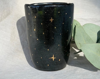 Black Ceramic Tumbler / Handmade Coffee Cup / Gold Stars /Cozy Mug