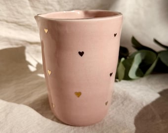 Handmade Pink Ceramic Coffee Cup with Gold Hearts, Cat Ears Tumbler