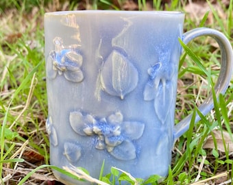 Handmade Ceramic Mug 14 oz | Embossed Botanical Relief, Rustic Pottery