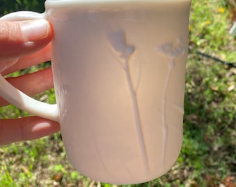 Porcelain Coffee Cup 10oz / Handmade Mug /Botanical Relief /Rustic Cup