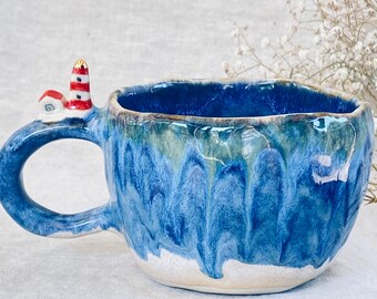Handmade Ceramic Mug 11 oz - Lighthouse and house on the ocean shore, Sea Lover Gift