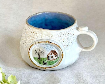 Handmade Ceramic Espresso Cup with Gold Accents, Cozy Cottage Scene Mug