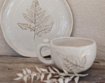 Coffee Cup & Plate Set / Handmade Ceramic – Botanical Design Coffee Mug