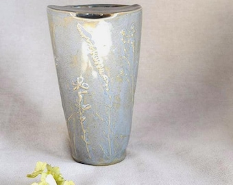 Ceramic Tumbler Coffee Cup 16 oz Handmade, Embossed Botanical Relief, Meadow Grasses